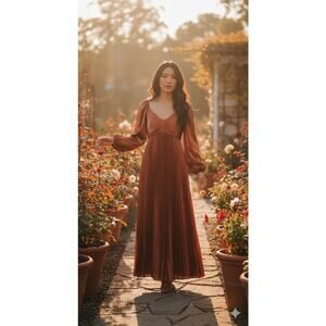 NWT Zoe and Claire Rust Satin Pleated Maxi‎ Dress Sleeve Romantic Boho Formal S